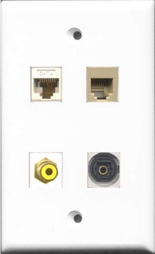 RiteAV 1 Port RCA Yellow and 1 Port Phone RJ11 RJ12 Beige and 1 Port Toslink and 1 Port Cat6 Ethernet White Wall Plate