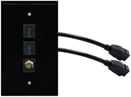 RiteAV (1 Gang Flat) 2 HDMI Black Coax Wall Plate w/Pigtail Extension Cable Black