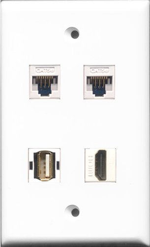 RiteAV - 1 Port HDMI and 1 Port USB A-A 2 Port Cat5e Ethernet White Wall Plate