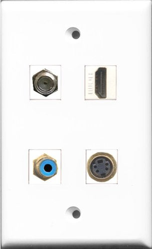 RiteAV 1 Port HDMI and 1 Port RCA Blue and 1 Port Coax Cable TV- F-Type and 1 Port S-Video Wall Plate