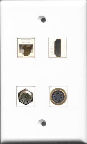 RiteAV 1 Port HDMI and 1 Port Coax Cable TV- F-Type and 1 Port S-Video and 1 Port Cat6 Ethernet White Wall Plate