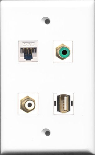 RiteAV 1 Port RCA White and 1 Port RCA Green and 1 Port USB A-A and 1 Port Cat5e Ethernet White Wall Plate