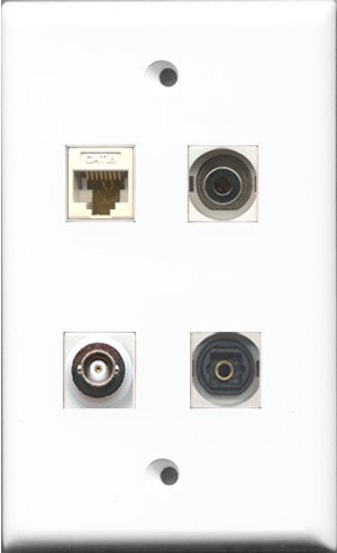 RiteAV 1 Port Toslink and 1 Port 3.5mm and 1 Port BNC and 1 Port Cat6 Ethernet White Wall Plate