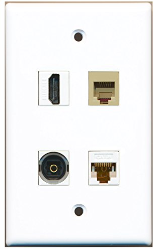 RiteAV - 1 Port HDMI 1 Port Phone RJ11 RJ12 Beige 1 Port Toslink 1 Port Cat6 Ethernet White Wall Plate