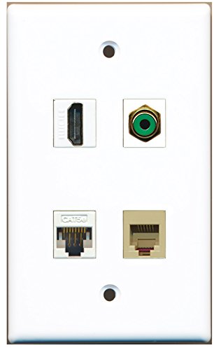 RiteAV - 1 Port HDMI 1 Port RCA Green 1 Port Phone RJ11 RJ12 Beige 1 Port Cat5e Ethernet White Wall Plate