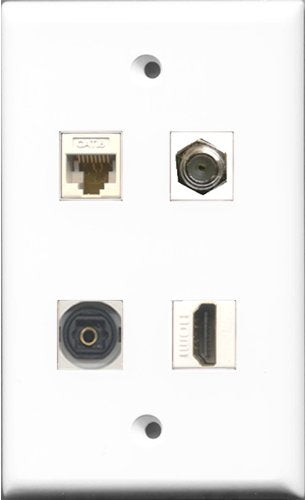 RiteAV 1 Port HDMI and 1 Port Coax Cable TV- F-Type and 1 Port Toslink and 1 Port Cat6 Ethernet White Wall Plate