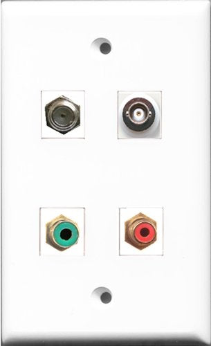 RiteAV 1 Port RCA Red and 1 Port RCA Green and 1 Port Coax Cable TV- F-Type and 1 Port BNC Wall Plate