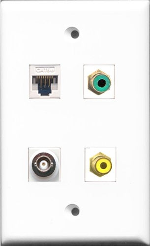 RiteAV 1 Port RCA Yellow and 1 Port RCA Green and 1 Port BNC and 1 Port Cat5e Ethernet White Wall Plate