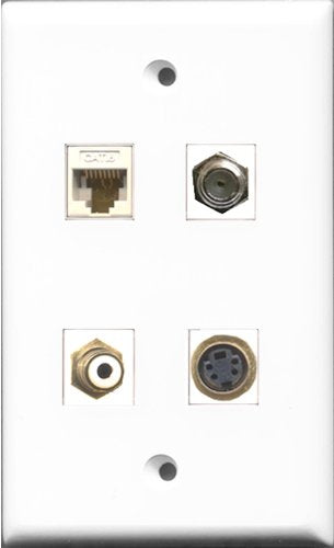 RiteAV 1 Port RCA White and 1 Port Coax Cable TV- F-Type and 1 Port S-Video and 1 Port Cat6 Ethernet White Wall Plate