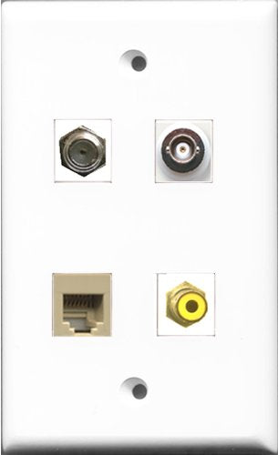 RiteAV 1 Port RCA Yellow and 1 Port Coax Cable TV- F-Type and 1 Port Phone RJ11 RJ12 Beige and 1 Port BNC Wall Plate