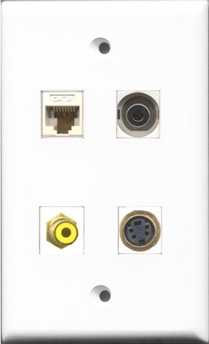 RiteAV 1 Port RCA Yellow and 1 Port S-Video and 1 Port 3.5mm and 1 Port Cat6 Ethernet White Wall Plate