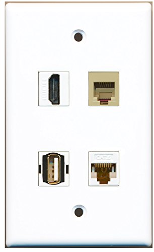 RiteAV - 1 Port HDMI 1 Port USB A-A 1 Port Phone RJ11 RJ12 Beige 1 Port Cat6 Ethernet White Wall Plate