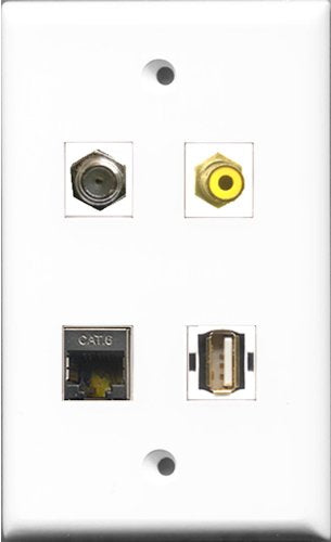 RiteAV 1 Port RCA Yellow and 1 Port Coax Cable TV- F-Type and 1 Port USB A-A and 1 Port Shielded Cat6 Ethernet Wall Plate