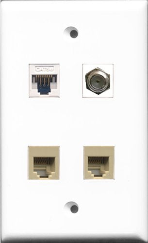 RiteAV - 1 Port Coax Cable TV- F-Type 2 Port Phone RJ11 RJ12 Beige and 1 Port Cat5e Ethernet White Wall Plate