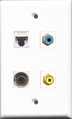 RiteAV 1 Port RCA Yellow and 1 Port RCA Blue and 1 Port 3.5mm and 1 Port Cat5e Ethernet White Wall Plate