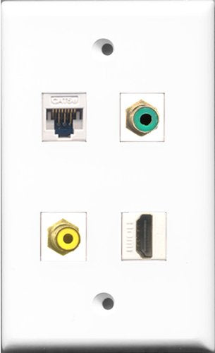 RiteAV 1 Port HDMI and 1 Port RCA Yellow and 1 Port RCA Green and 1 Port Cat5e Ethernet White Wall Plate