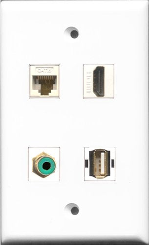 RiteAV 1 Port HDMI and 1 Port RCA Green and 1 Port USB A-A and 1 Port Cat6 Ethernet White Wall Plate