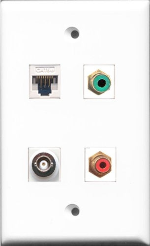 RiteAV 1 Port RCA Red and 1 Port RCA Green and 1 Port BNC and 1 Port Cat5e Ethernet White Wall Plate