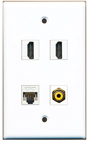 RiteAV - 2 x HDMI 1 x Cat5e Ethernet and 1 x RCA Yellow Port Wall Plate White