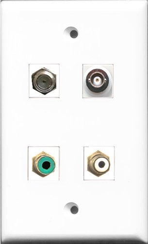 RiteAV 1 Port RCA White and 1 Port RCA Green and 1 Port Coax Cable TV- F-Type and 1 Port BNC Wall Plate
