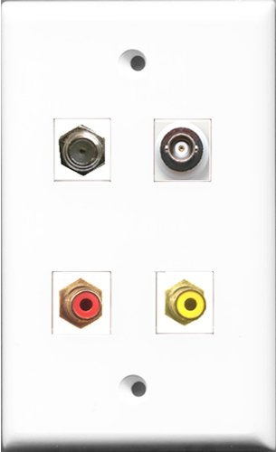 RiteAV 1 Port RCA Red and 1 Port RCA Yellow and 1 Port Coax Cable TV- F-Type and 1 Port BNC Wall Plate