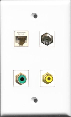 RiteAV 1 Port RCA Yellow and 1 Port RCA Green and 1 Port Coax Cable TV- F-Type and 1 Port Cat6 Ethernet White Wall Plate