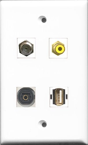 RiteAV 1 Port RCA Yellow and 1 Port Coax Cable TV- F-Type and 1 Port USB A-A and 1 Port Toslink Wall Plate