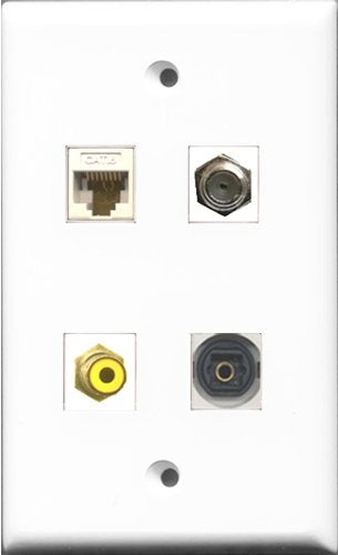 RiteAV 1 Port RCA Yellow and 1 Port Coax Cable TV- F-Type and 1 Port Toslink and 1 Port Cat6 Ethernet White Wall Plate