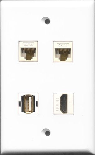 RiteAV 1 Port HDMI and 1 Port USB A-A 2 Port Cat6 Ethernet White Wall Plate