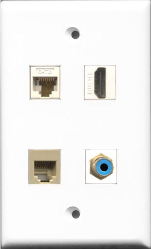 RiteAV 1 Port HDMI and 1 Port RCA Blue and 1 Port Phone RJ11 RJ12 Beige and 1 Port Cat6 Ethernet White Wall Plate