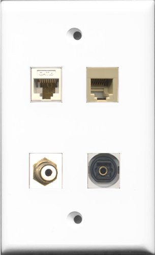 RiteAV 1 Port RCA White and 1 Port Phone RJ11 RJ12 Beige and 1 Port Toslink and 1 Port Cat6 Ethernet White Wall Plate