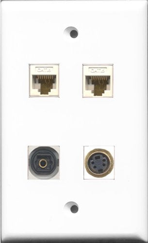RiteAV 1 Port S-Video and 1 Port Toslink 2 Port Cat6 Ethernet White Wall Plate
