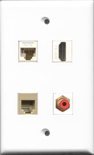 RiteAV 1 Port HDMI and 1 Port RCA Red and 1 Port Phone RJ11 RJ12 Beige and 1 Port Cat6 Ethernet White Wall Plate