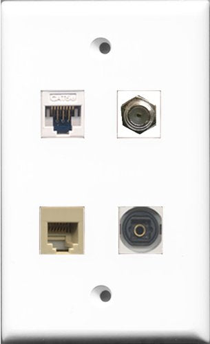 RiteAV - 1 Port Coax Cable TV- F-Type and 1 Port Phone RJ11 RJ12 Beige and 1 Port Toslink and 1 Port Cat5e Ethernet White Wall Plate