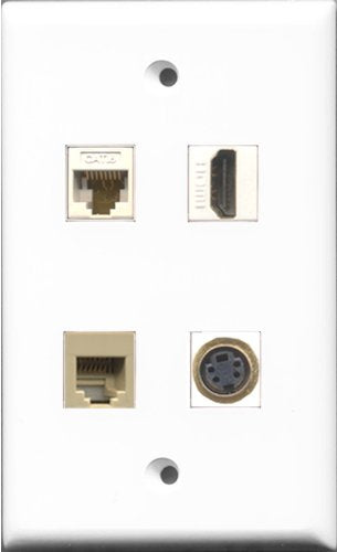 RiteAV 1 Port HDMI and 1 Port Phone RJ11 RJ12 Beige and 1 Port S-Video and 1 Port Cat6 Ethernet White Wall Plate