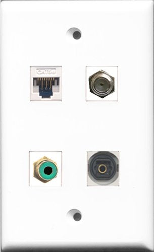 RiteAV - 1 Port RCA Green and 1 Port Coax Cable TV- F-Type and 1 Port Toslink and 1 Port Cat5e Ethernet White Wall Plate