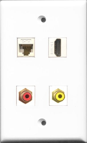 RiteAV 1 Port HDMI and 1 Port RCA Red and 1 Port RCA Yellow and 1 Port Cat6 Ethernet White Wall Plate