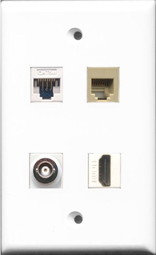 RiteAV 1 Port HDMI and 1 Port Phone RJ11 RJ12 Beige and 1 Port BNC and 1 Port Cat5e Ethernet White Wall Plate