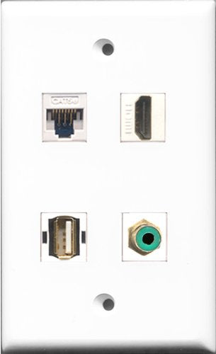 RiteAV 1 Port HDMI and 1 Port RCA Green and 1 Port USB A-A and 1 Port Cat5e Ethernet White Wall Plate