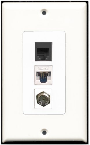 RiteAV - 1 Port Coax Cable TV- F-Type 1 Phone RJ11 RJ12 Black 1 Cat5e Ethernet White Decorative Wall Plate