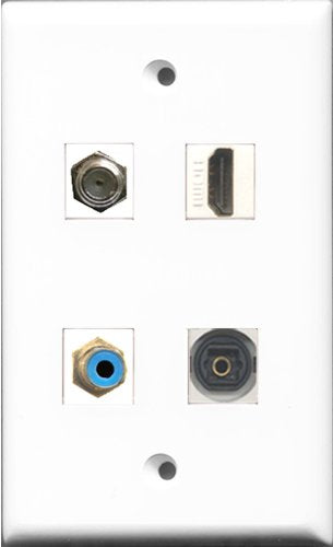 RiteAV 1 Port HDMI and 1 Port RCA Blue and 1 Port Coax Cable TV- F-Type and 1 Port Toslink Wall Plate