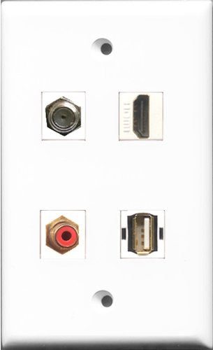 RiteAV 1 Port HDMI and 1 Port RCA Red and 1 Port Coax Cable TV- F-Type and 1 Port USB A-A Wall Plate