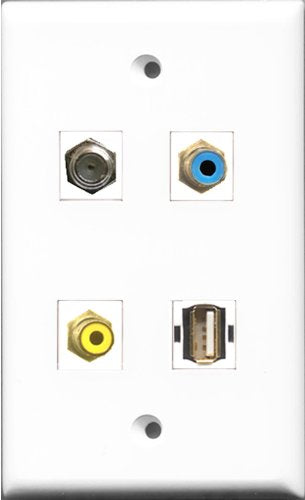 RiteAV 1 Port RCA Yellow and 1 Port RCA Blue and 1 Port Coax Cable TV- F-Type and 1 Port USB A-A Wall Plate