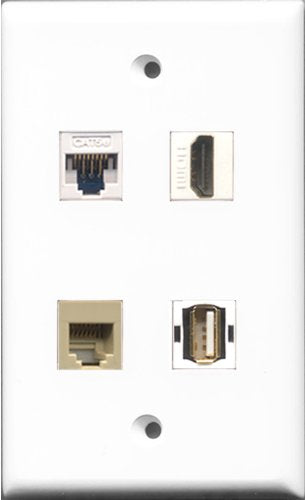 RiteAV - 1 Port HDMI and 1 Port USB A-A and 1 Port Phone RJ11 RJ12 Beige and 1 Port Cat5e Ethernet White Wall Plate