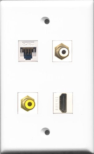 RiteAV 1 Port HDMI and 1 Port RCA White and 1 Port RCA Yellow and 1 Port Cat5e Ethernet White Wall Plate