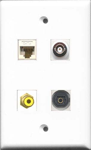 RiteAV 1 Port RCA Yellow and 1 Port Toslink and 1 Port BNC and 1 Port Cat6 Ethernet White Wall Plate