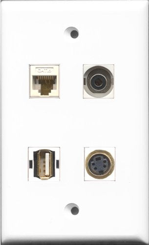 RiteAV 1 Port USB A-A and 1 Port S-Video and 1 Port 3.5mm and 1 Port Cat6 Ethernet White Wall Plate
