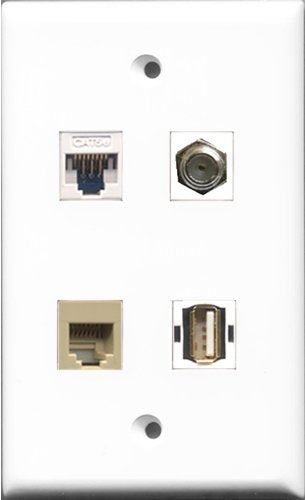 RiteAV - 1 Port Coax Cable TV- F-Type and 1 Port USB A-A and 1 Port Phone RJ11 RJ12 Beige and 1 Port Cat5e Ethernet White Wall Plate