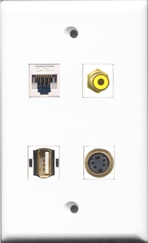 RiteAV 1 Port RCA Yellow and 1 Port USB A-A and 1 Port S-Video and 1 Port Cat5e Ethernet White Wall Plate