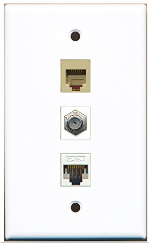 RiteAV - 1 Port Coax Cable TV- F-Type and 1 Port Phone RJ11 RJ12 Beige and 1 Port Cat5e Ethernet White Wall Plate